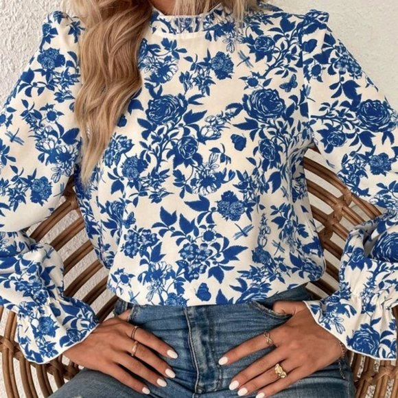 Boho blue long flounced sleeved Floral Print Blouse top plus or reg size - Picture 4 of 7